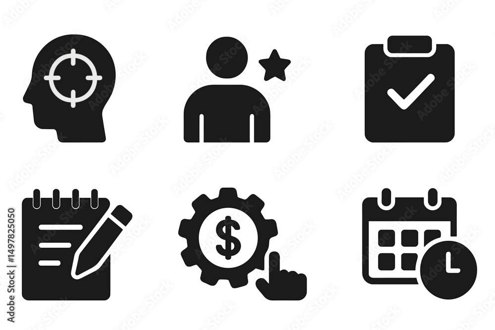 Aufkleber icons representing various concepts of planning, evaluation, and goal setting for effective task man