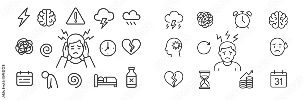 Poster various icons representing mental health issues, stress, and time management challenges in a simple 