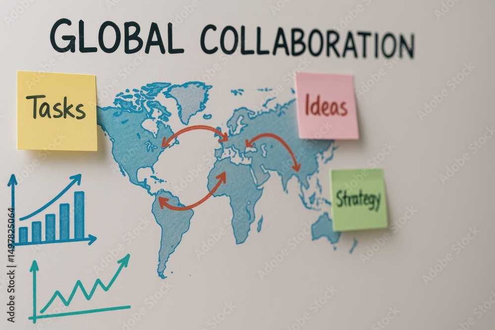 Aufkleber global collaboration concept with sticky notes and world map illustrating tasks and strategies