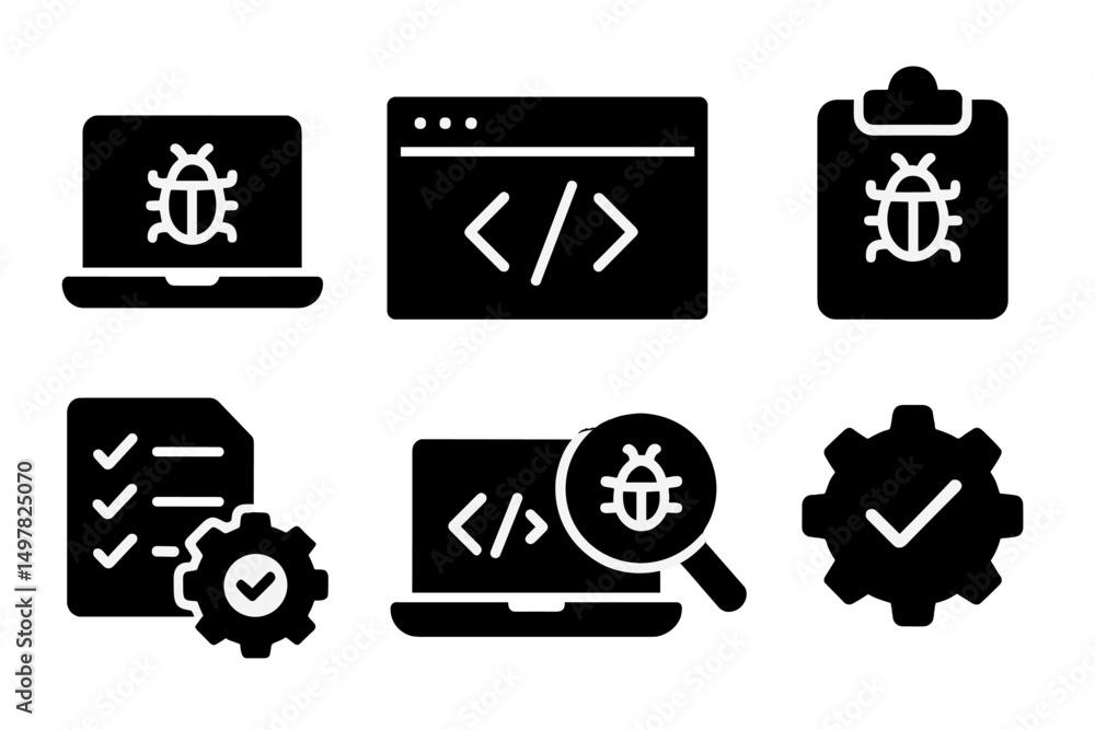 Leinwandbilder Software debugging tools showcase various icons related to coding and troubleshooting in a digital workspace environment