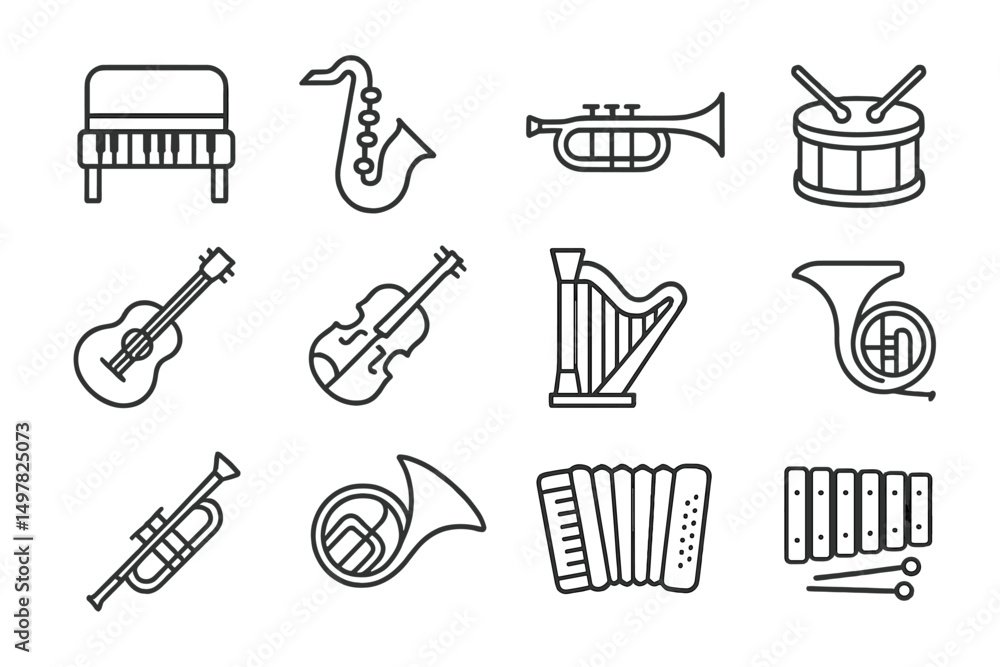 Poster Musical instruments in a variety of styles showcased in clear line art format across a simple background