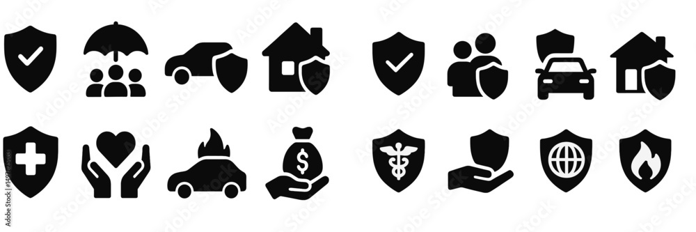 Poster insurance icons representing various coverage types for health, auto, home, and life at a vector des