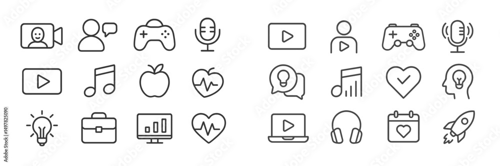 Aufkleber creative digital icons representing various activities and interests in a minimalist style