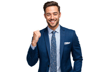 Excited businessman smiling and showing a winning gesture with a clenched fist, isolated on white background