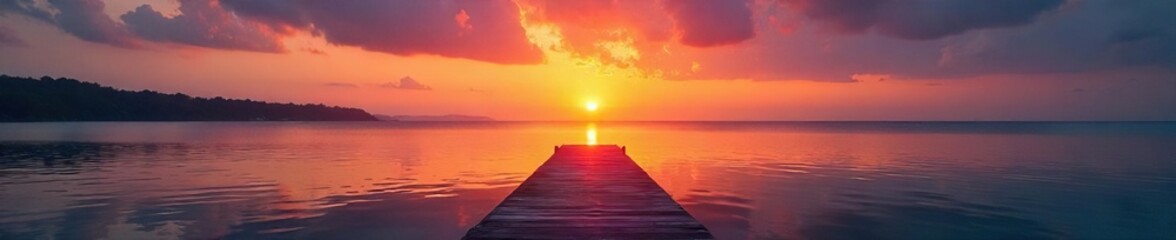 Obraz premium Golden hour sunrise paints the sky in vibrant hues over a tranquil dock extending into calm water A peaceful scene perfect for serenity and nature themes , vibrant, lake, serene