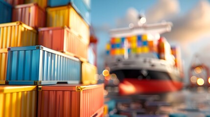 Busy transportation hub with stacked cargo containers and a moving train