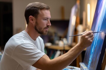 Side angle of artist working in stages, clear focus on techniques