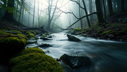 Tranquil forest stream flowing through a dense woodland