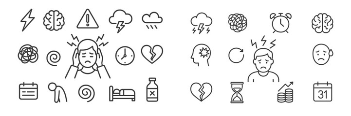 Collection of stress and mental health icons representing various challenges and emotions