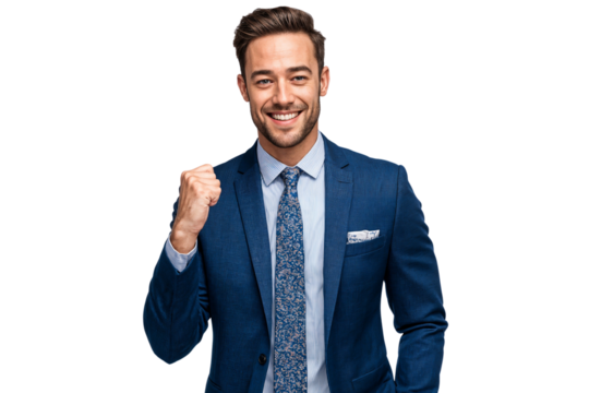 Excited businessman smiling and showing a winning gesture with a clenched fist, isolated on white background