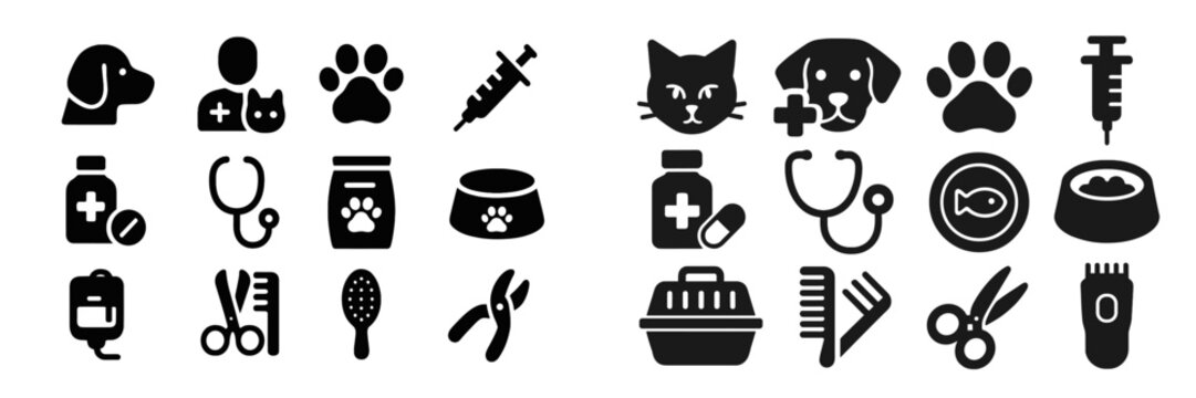 Veterinary care symbols in black and white featuring pets, medical tools, and supplies for animal health and grooming
