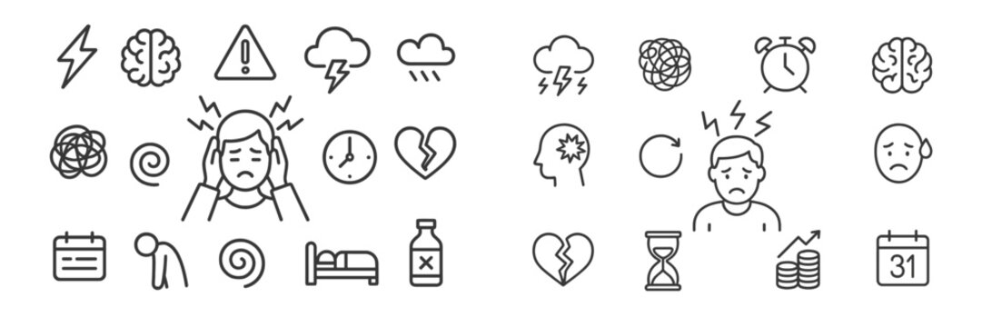 Collection of stress and mental health icons representing various challenges and emotions