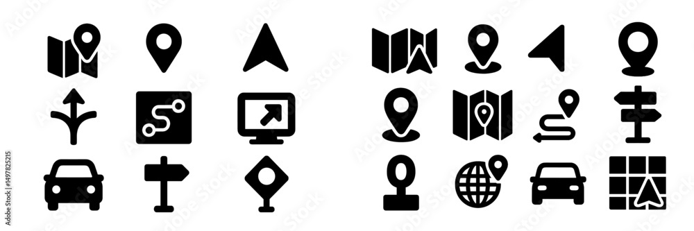 Poster collection of navigation and mapping icons illustrating various travel and location-related concepts