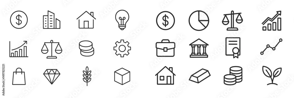 Poster Collection of financial and business icons representing various concepts and metrics in a minimalist design