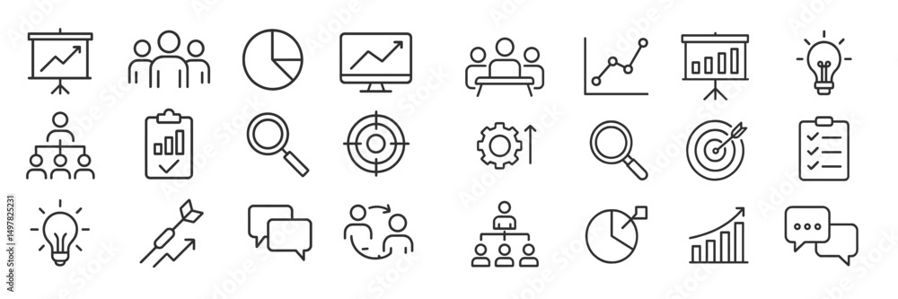 Poster business analytics and teamwork icons representing growth strategies and collaborative decision-maki