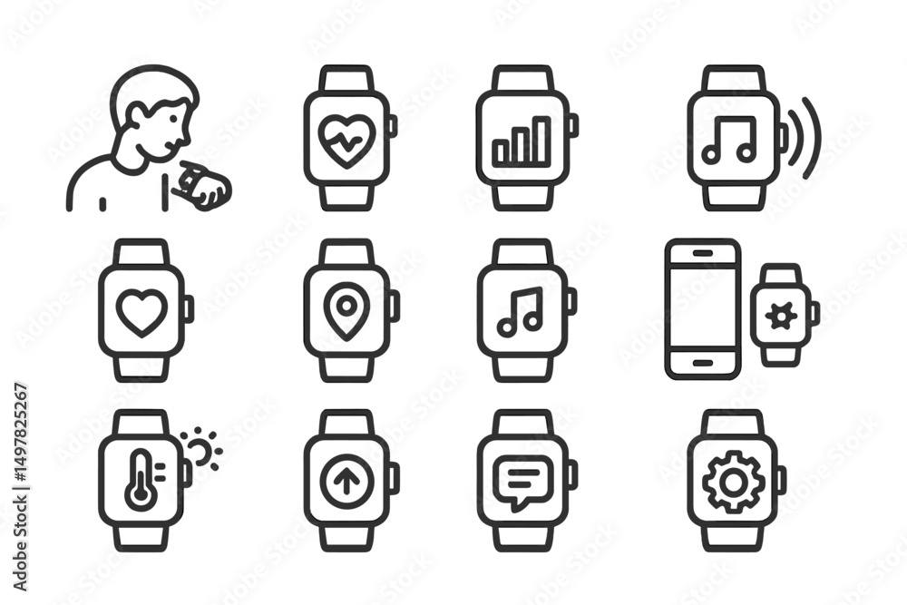Poster interactive smartwatch features including health tracking, music, and notifications showcased in a g