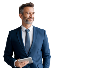 Smiling executive manager holding a tablet, looking upward with confidence and vision
