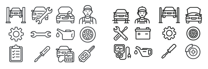 Car maintenance tools and mechanics working on vehicles in an auto repair shop during daylight hours