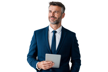 Confident businessman in a blue suit holding a tablet, smiling and looking ahead with optimism