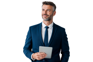 Confident businessman in a blue suit holding a tablet, smiling and looking ahead with optimism