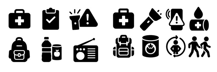Essential emergency preparedness icons for disaster response kits and safety measures