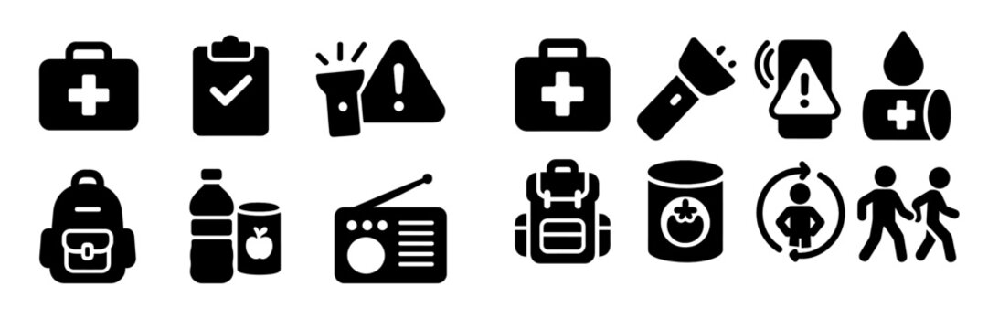 Essential emergency preparedness icons for disaster response kits and safety measures