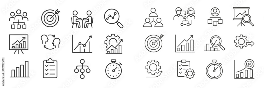 Poster business growth and collaboration concepts illustrated with icons, displaying strategies and data an
