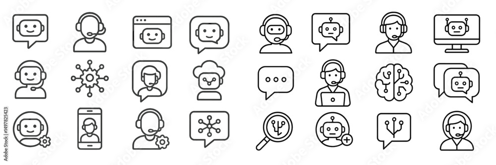 Poster collection of outline icons showcasing communication and technology concepts related to customer sup