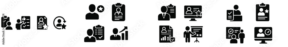 Poster icons representing various business activities such as teamwork, communication, and data analysis in
