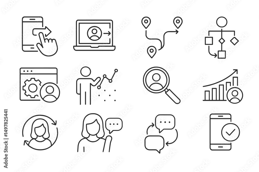 Poster concepts of digital interaction and data analysis represented through line icons in a minimalistic s