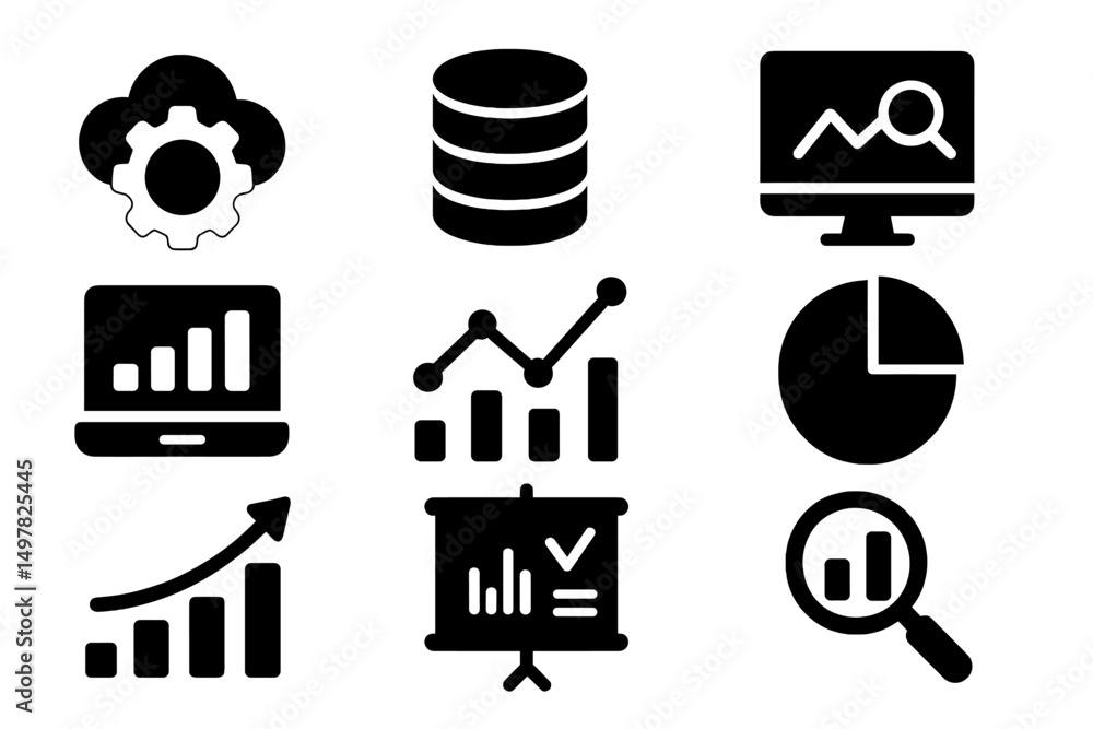 Poster icons representing data analysis and business intelligence tools for modern decision making