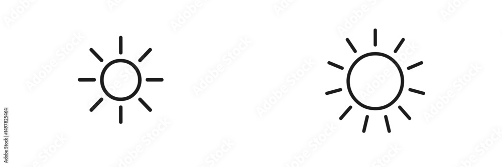 Poster sun icons representing different phases of brightness with simple black outlines on a white backgrou