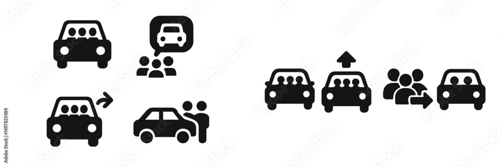 Poster carpooling icons illustrating ride-sharing concepts for efficient transportation and social connecti