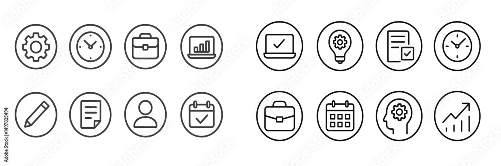 Poster collection of minimalist icons representing various business and productivity activities