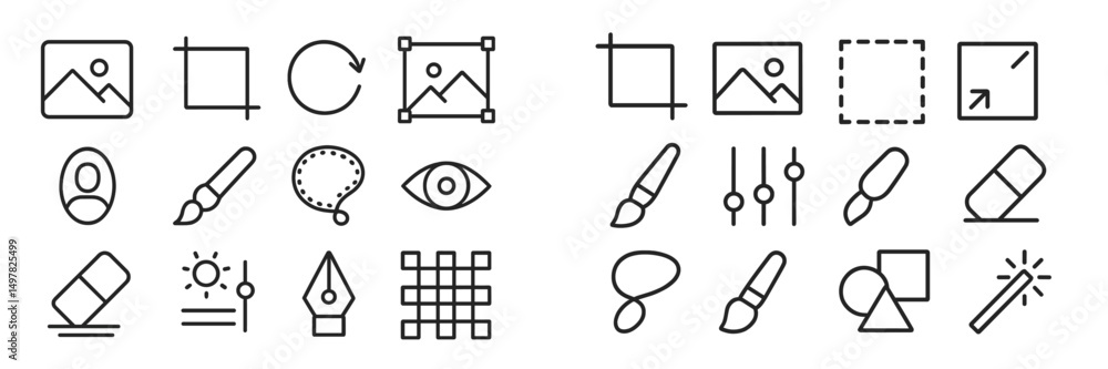 Poster collection of minimalist line icons representing photography and design tools in a modern layout