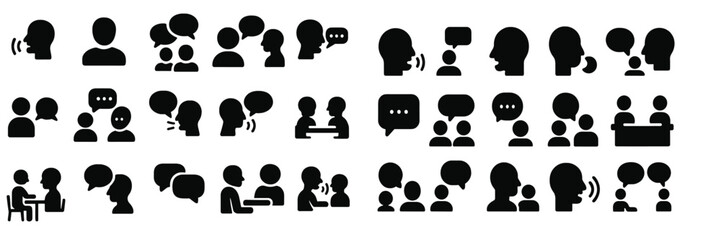 Silhouetted icons representing various conversational scenarios and communication styles in a graphic art display