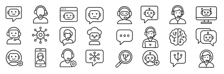 Collection of outline icons showcasing communication and technology concepts related to customer support and artificial intelligence