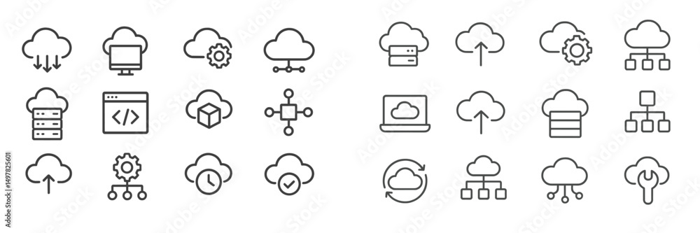 Poster collection of cloud computing icons illustrating various technology concepts related to data storage