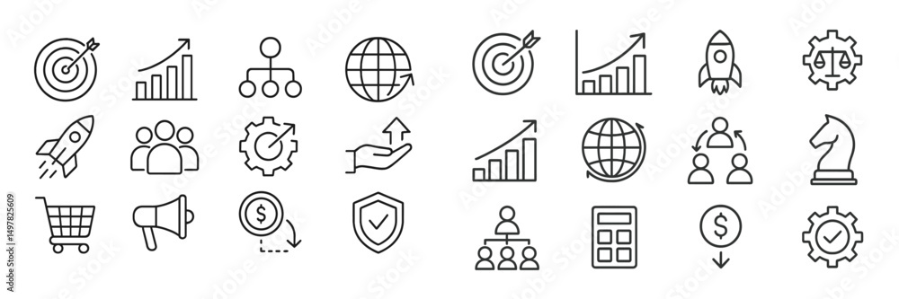 Poster icons representing business concepts and growth strategies in a minimalist design, showcasing variou
