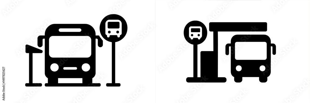 Poster Public transport icons representing bus stops and stations in a simplified design for urban navigation and transit planning