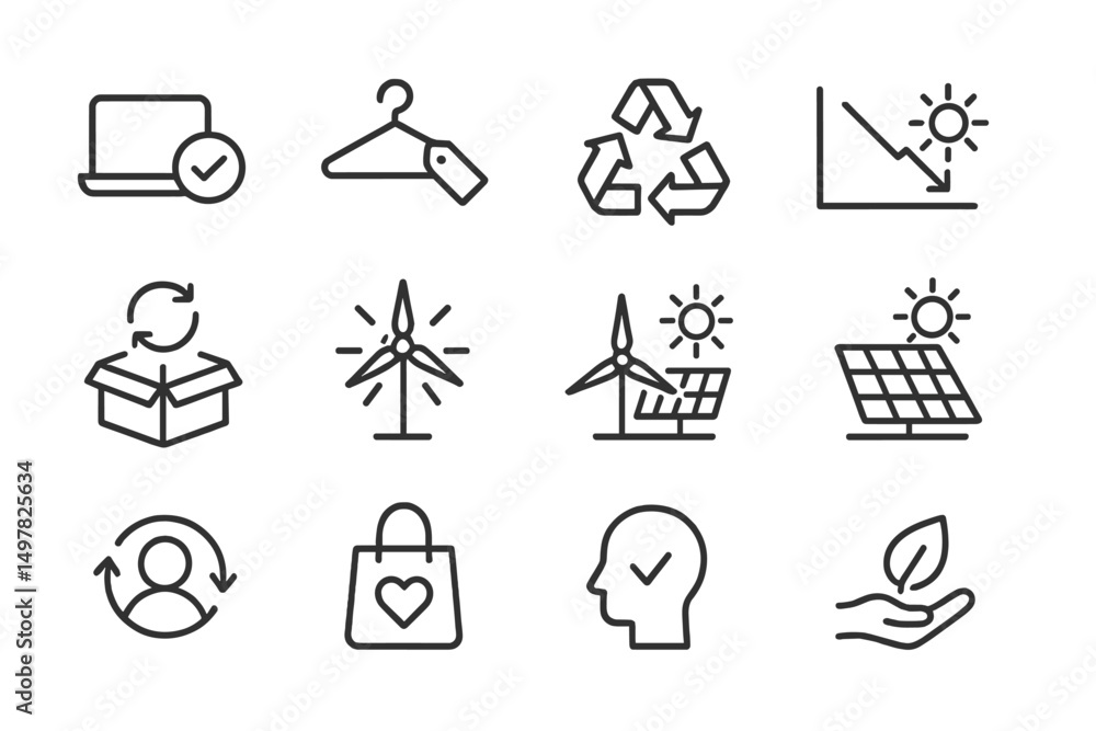 Poster innovative symbols illustrating sustainable practices and renewable energy concepts for environmenta