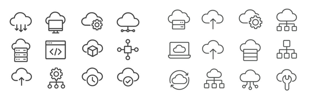 Collection of cloud computing icons illustrating various technology concepts related to data storage and management