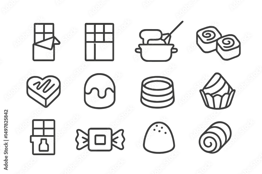 Poster Various types of sweets and desserts displayed in a simplified, minimalistic style with outlines
