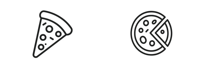 Iconic pizza slice and whole pizza depicted in simple line art style, perfect for food-related designs and illustrations
