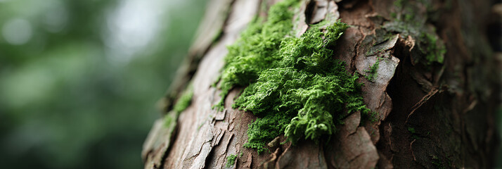 A close-up of tree bark with green moss growing on its surface in a forest setting.