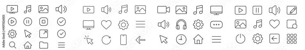Poster collection of simplified icons representing media, technology, and user interface elements for digit