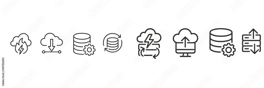 Poster cloud data management icons illustrating various processes for efficient file transfer and storage