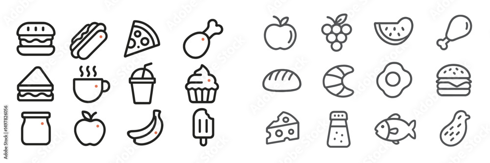 Poster collection of food and drink icons featuring diverse culinary items and snacks in minimalist design 