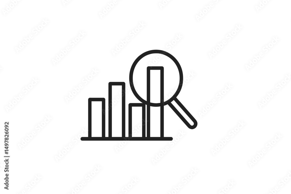 Poster data analysis and statistical trends displayed with a magnifying glass over a bar graph representati