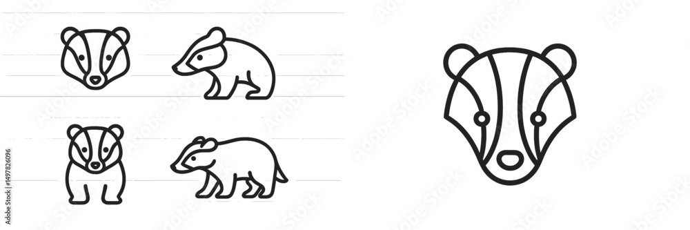 Poster stylized badger illustrations showcasing different poses and expressions in a minimalist design styl